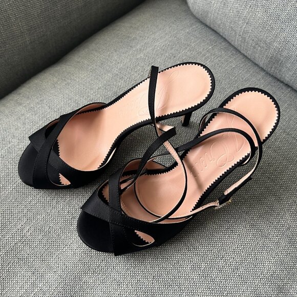 J.Crew Collection Satin Peep Toe Rylie Sandals, Sz 6.5, Black Italian Satin -NEW - Picture 2 of 10